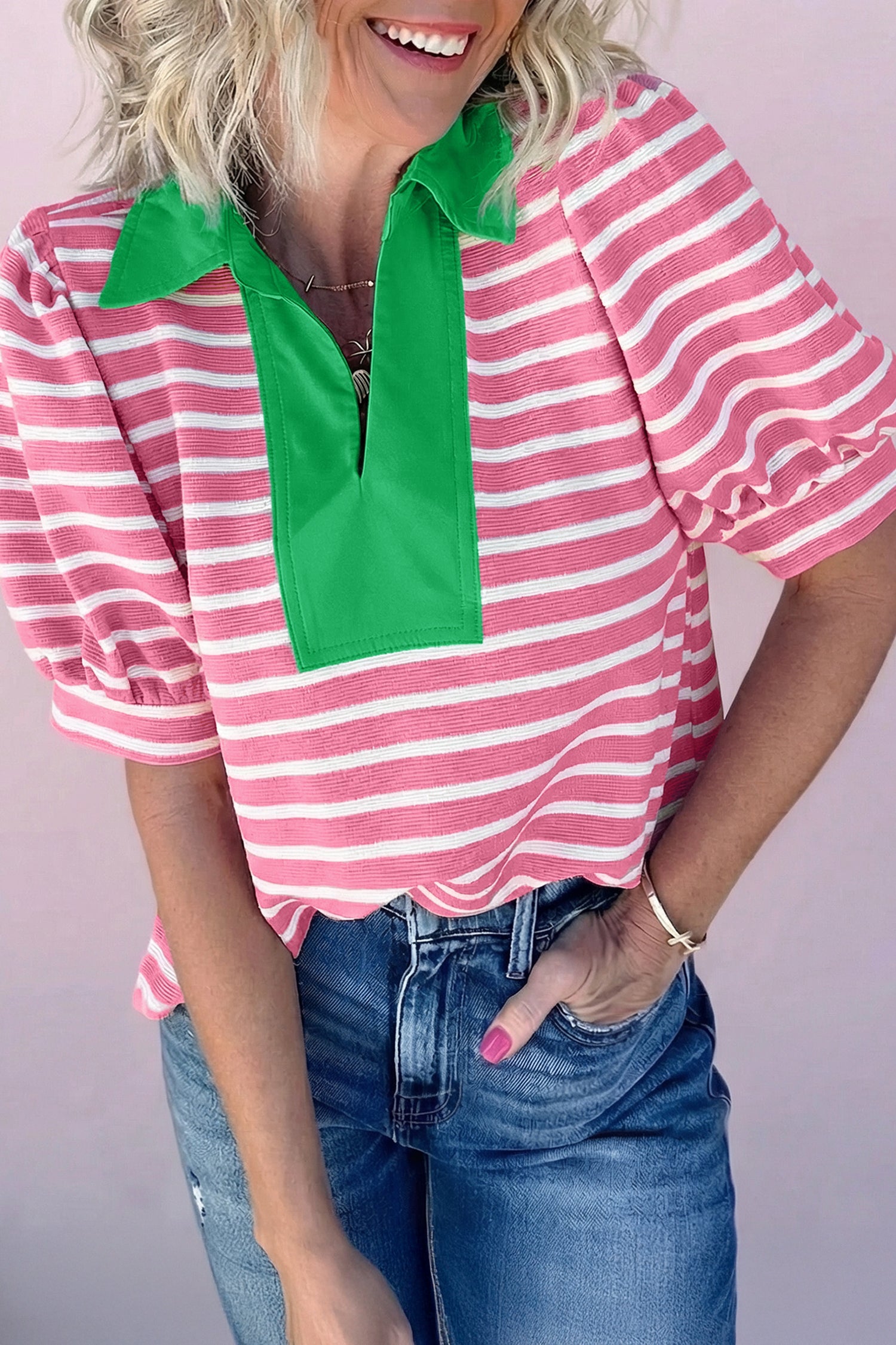 Black Stripe Short Puff Sleeve Color Block Polo Collar Blouse