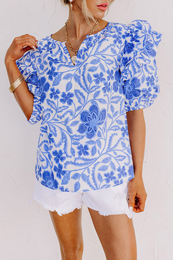Blouse femme floral, à volants, manches ballon — bleu foncé