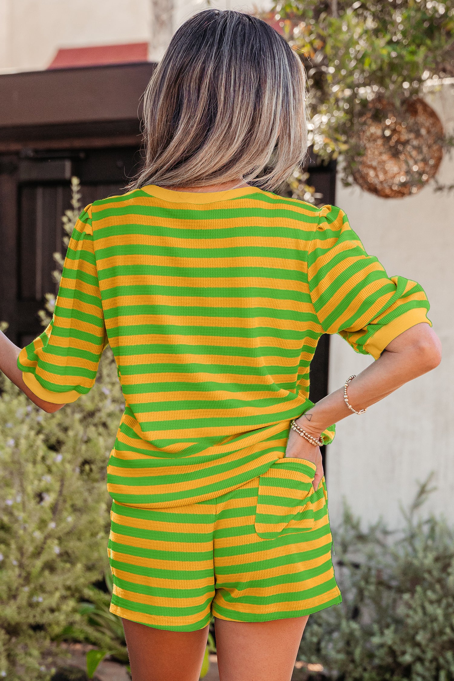 Green Stripe Puff Short Sleeve T Shirt Matching Shorts Set