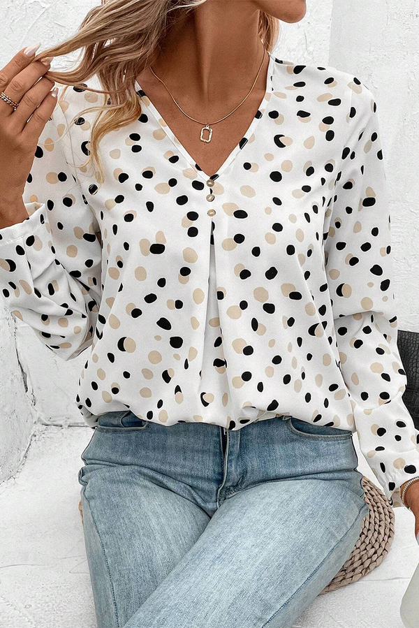 Blouse femme pois, boutonnée, col V — blanc