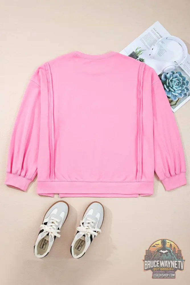 Plus Size Pink Sweatshirt - Grand Nœud en Dentelle Brodée avec Manches Dolman et Fente - Legeekshop