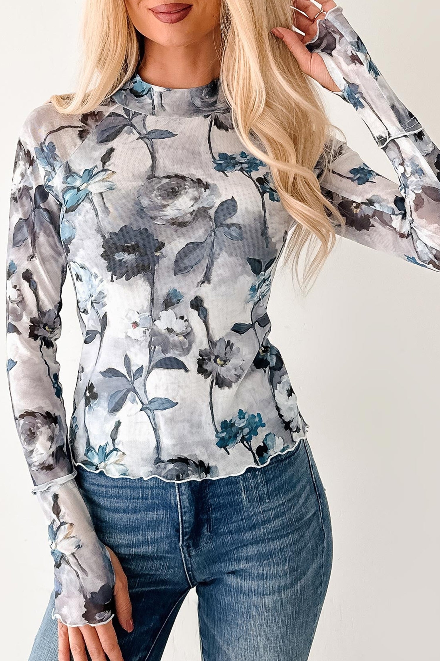 Sky Blue Floral Mesh High Neck Long Sleeve Sheath Top