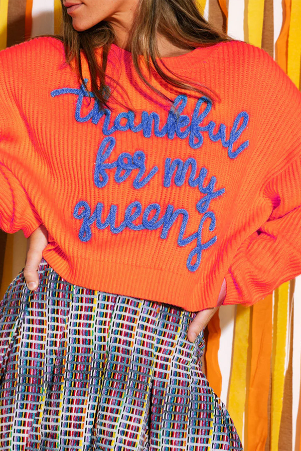Pull femme graphique, en maille, épaules tombantes, côtelé — orange