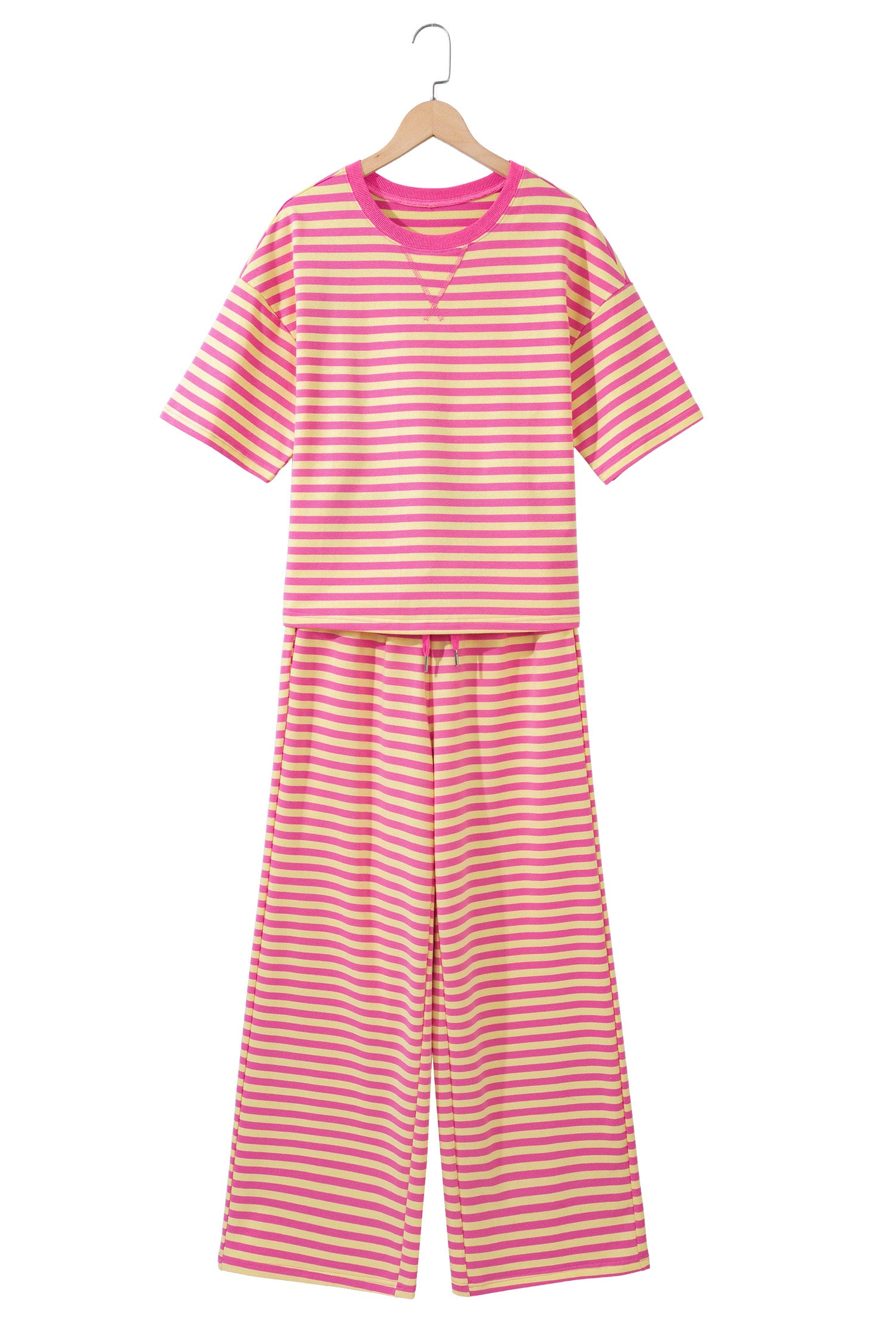 Pink Stripe Colorblock Trim Crew Neck Loose Tee Drawstring Elastic Waist 2pcs Pant Set