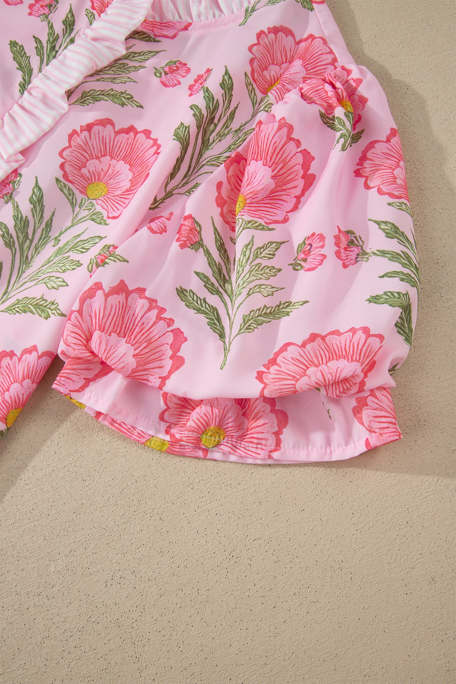 Pink Sweet Blooms Ruffle Striped Trim Puff Sleeve Shirt