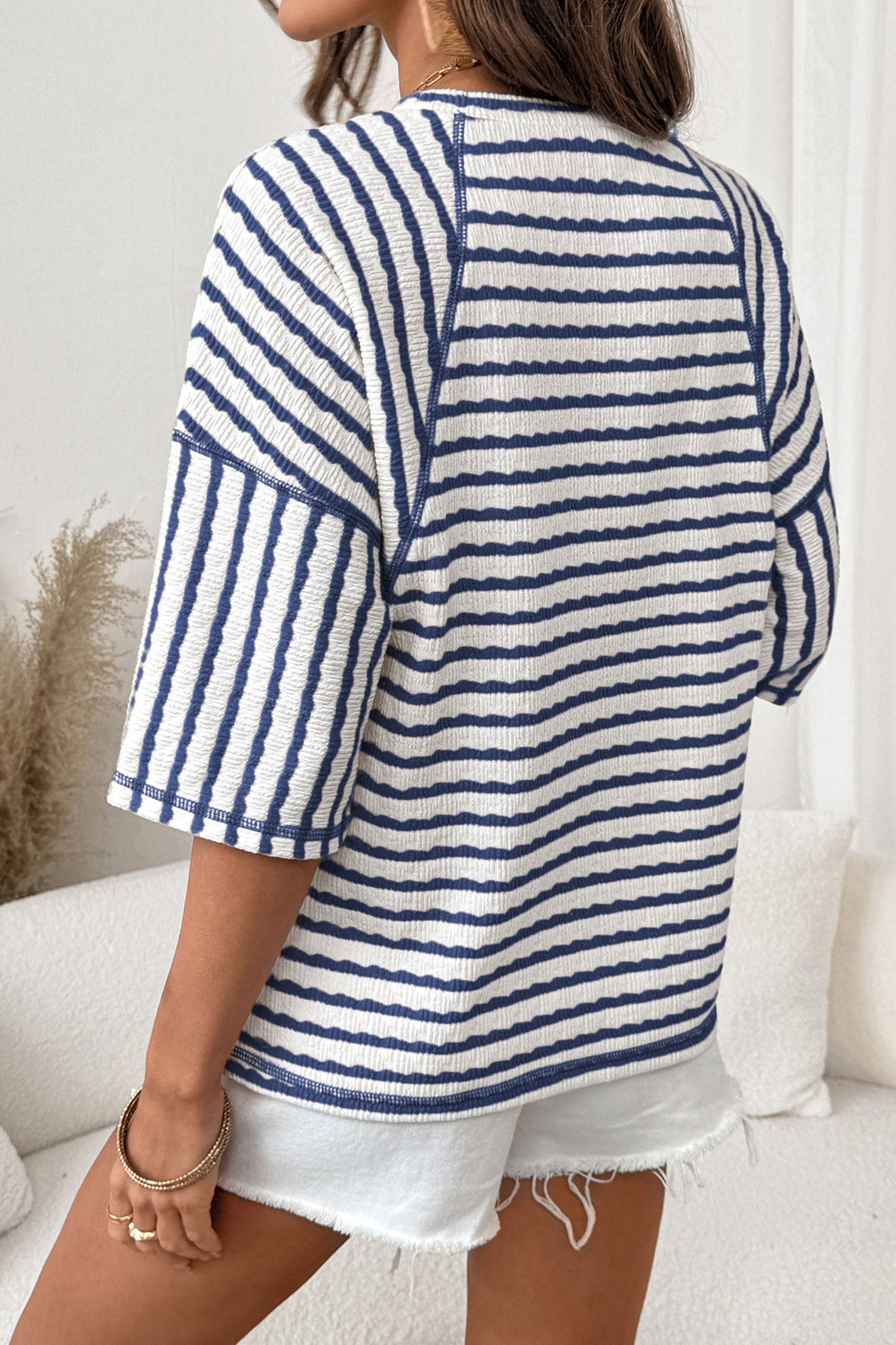 Sky Blue Stripe Textured Knit Split Hem Half Sleeve Loose Top