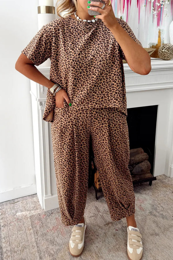 Pantalon femme léopard, ample — marron