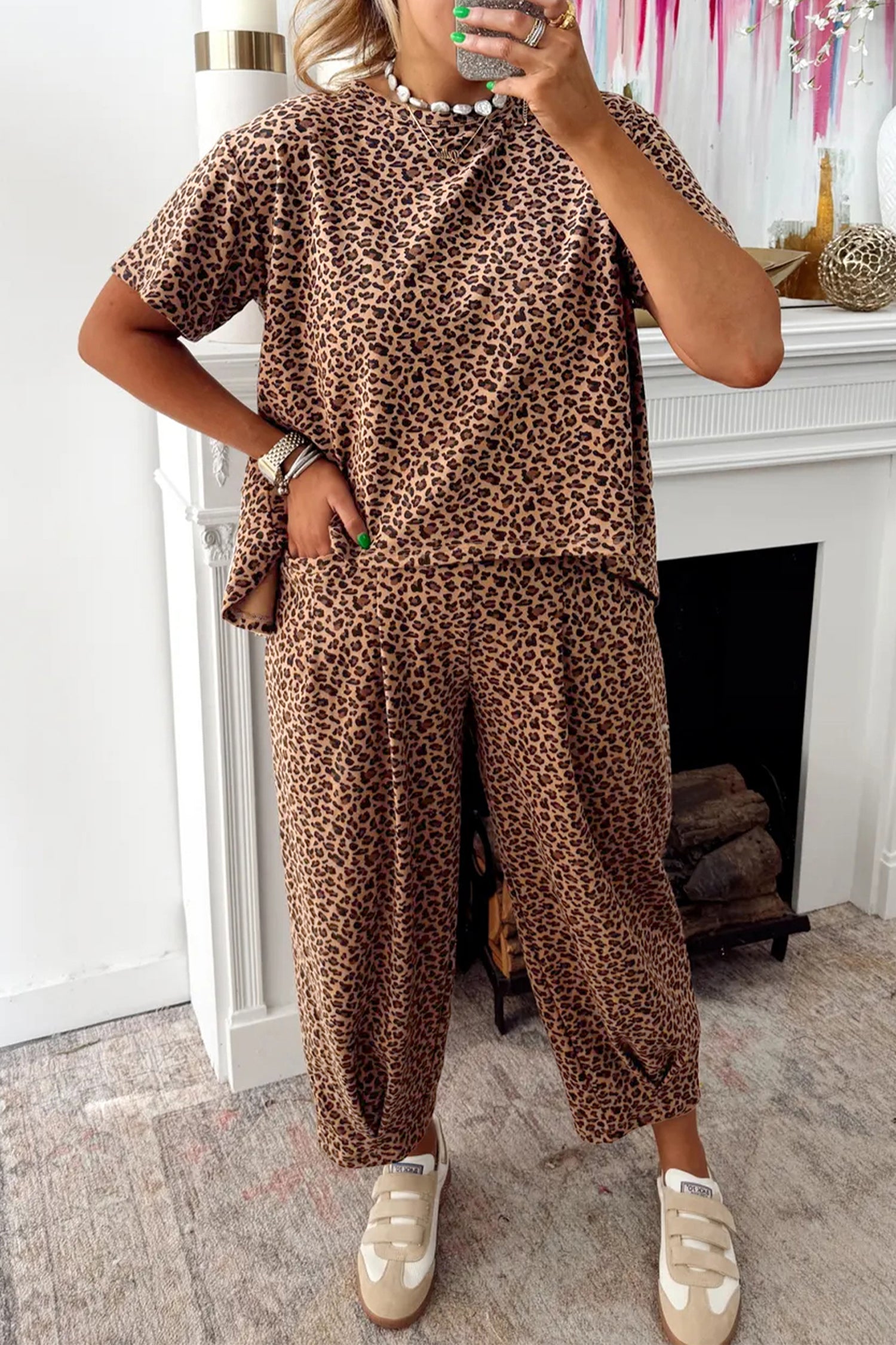 Pantalon femme léopard, ample — marron