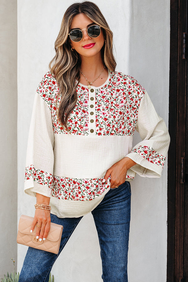 Blouse femme floral, patchwork, boutonnée — rouge