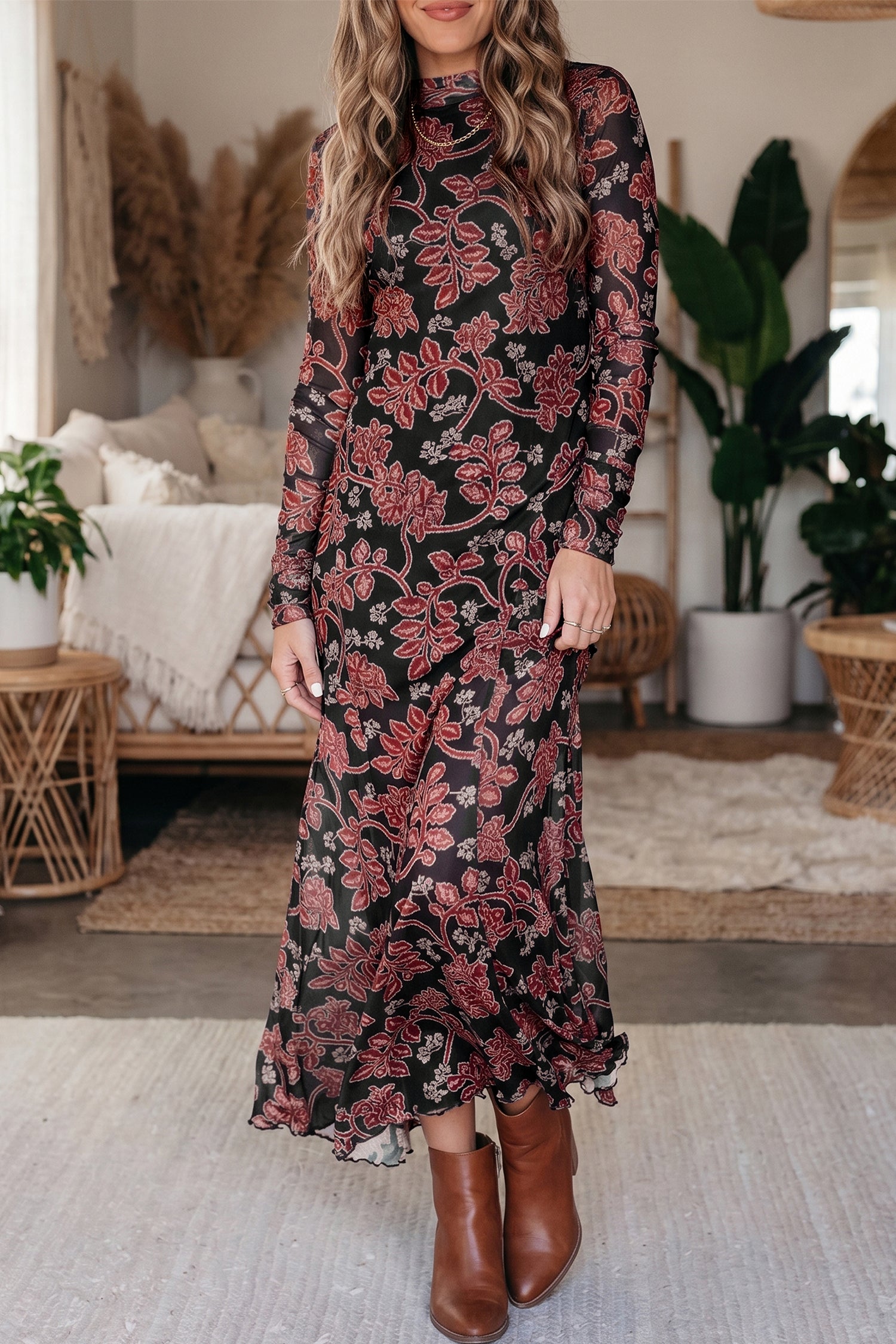 Robe femme floral, transparent, manches longues, casual — noir