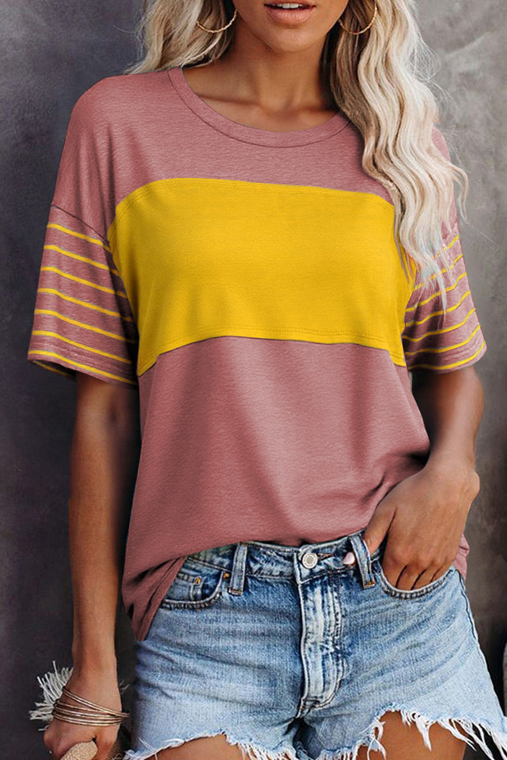 Tan Color Block Striped Detail Loose T Shirt