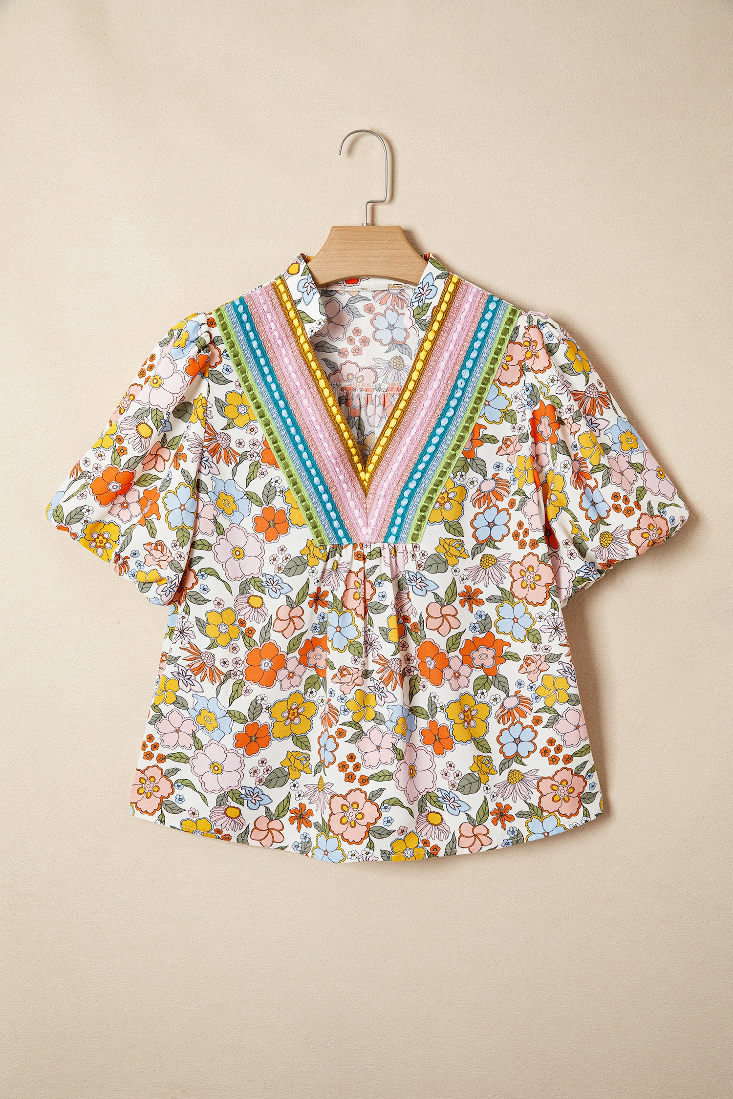 Multicolour Crochet V Neckline Puff Sleeve Boho Flower Blouse
