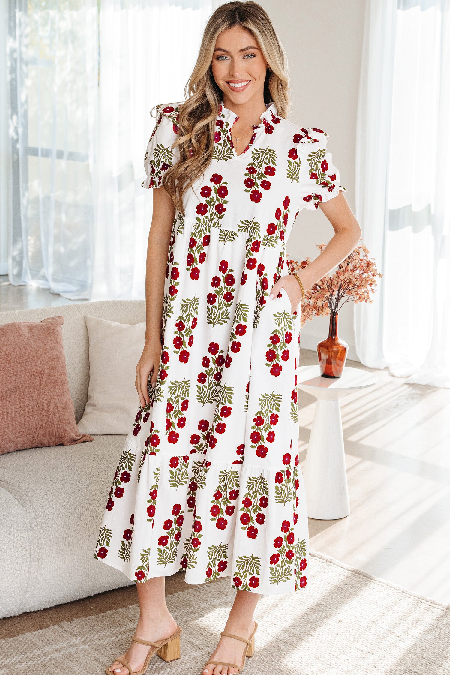 Robe longue femme floral, à étages, manches ballon, maxi — beige
