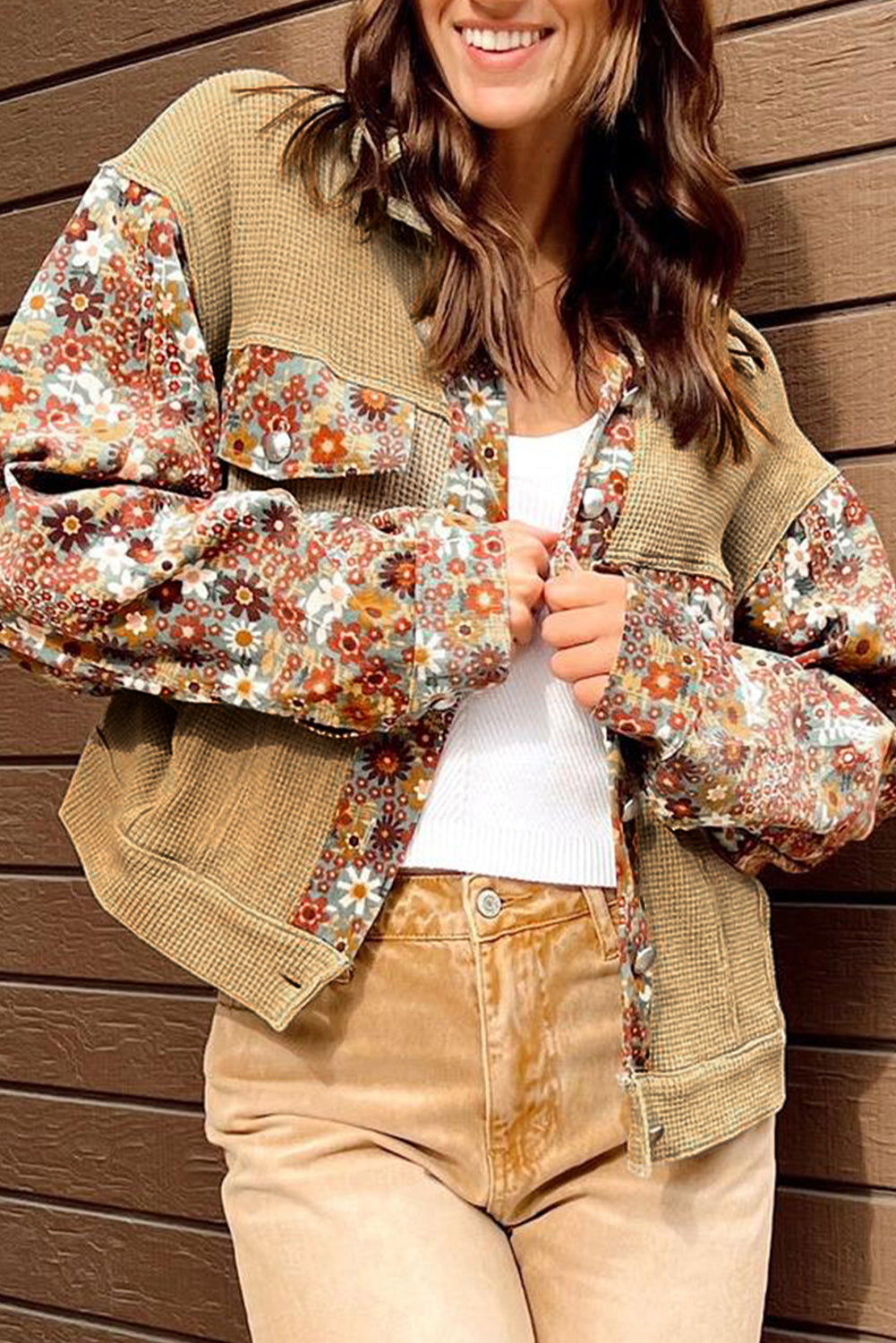Veste femme floral, patchwork, gaufré, en maille, boutonnée — kaki