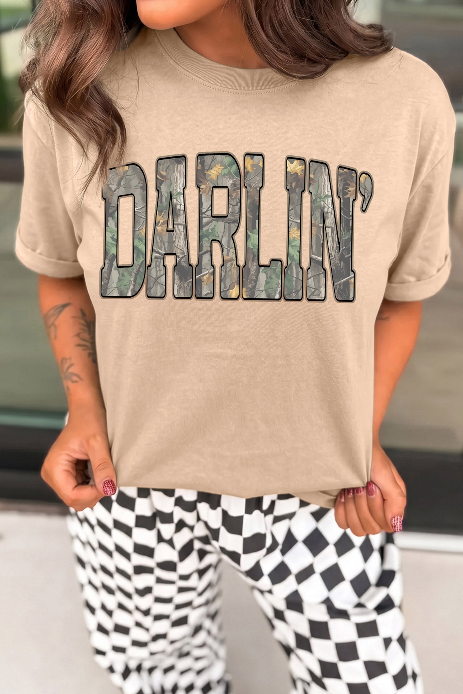 T-shirt femme camouflage, col rond — kaki