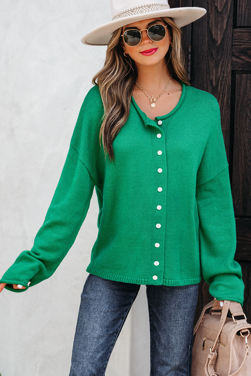 Bright Green Solid Color Knit Button Drop Shoulder Sweater Cardigan femme