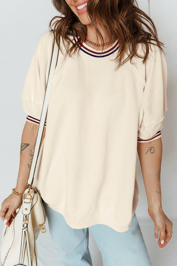 Haut femme rayé, manches courtes, ample — beige