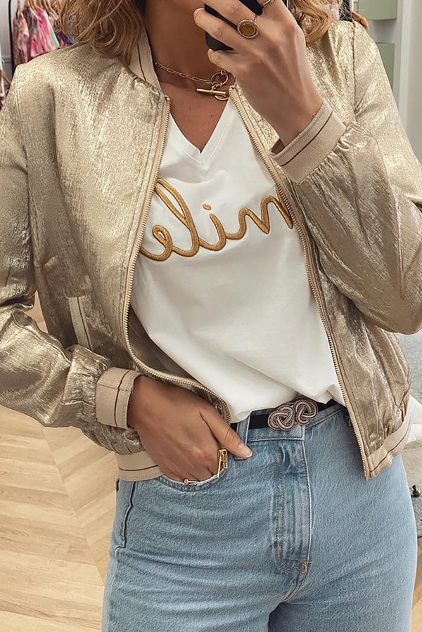 Veste femme métallisé, zip — kaki