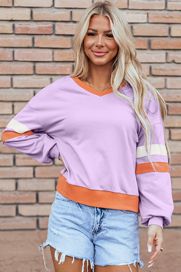 Sweat femme patchwork, en maille, épaules tombantes, col V, côtelé