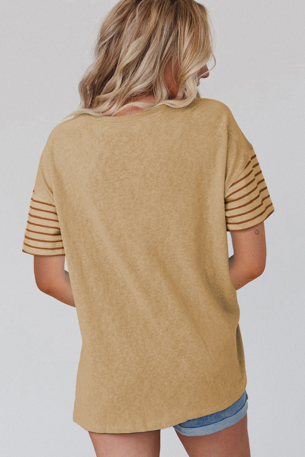 Tan Color Block Striped Detail Loose T Shirt