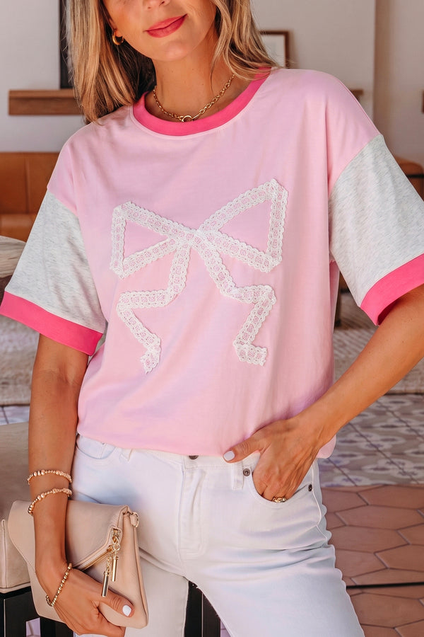 T-shirt femme brodé, ample, colorblock — rose
