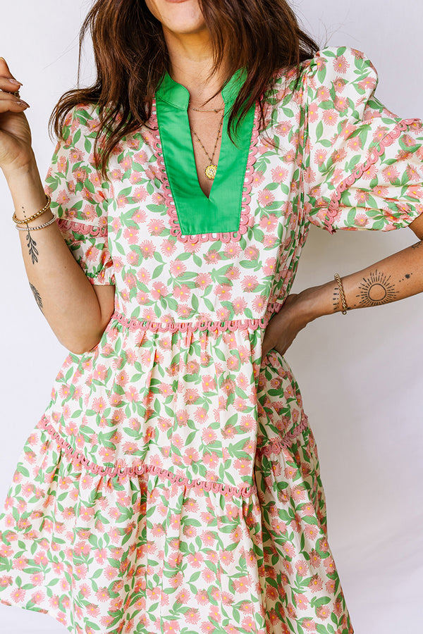 Robe floral, manches bouffantes — vert