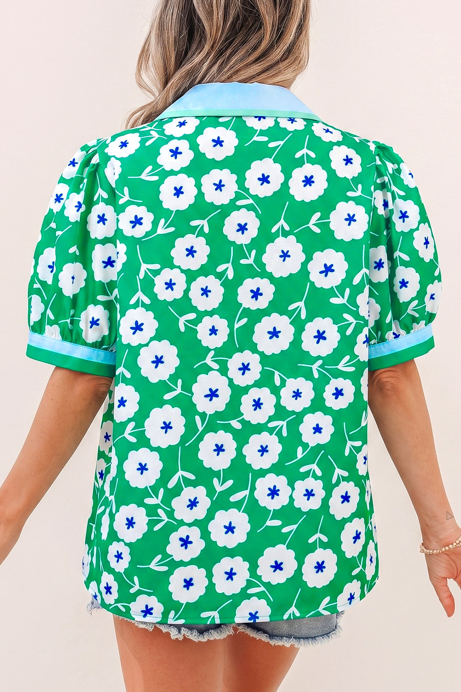Green Flower Printed Contrast Patchwork Collar Short Sleeve Blouse