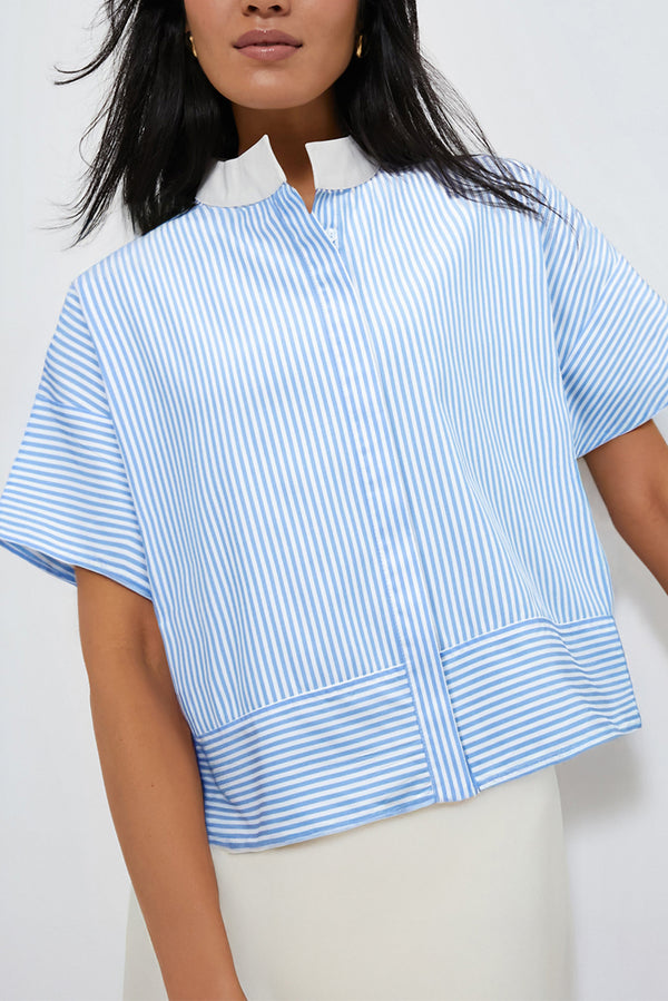 Chemise femme rayé, patchwork, boutonnée, manches courtes — bleu ciel