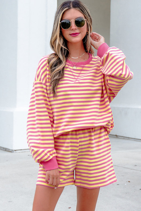 Ensemble femme rayé, manches longues, col rond, casual, colorblock — jaune