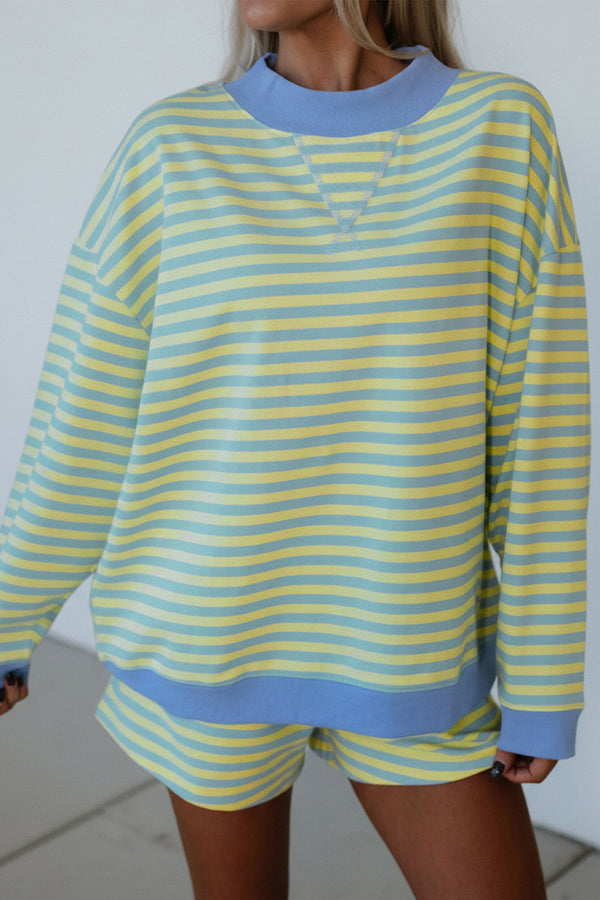 Yellow Stripe Color Block Detail Long Sleeve Pullover Elastic Waist Pull On Shorts 2pcs Set