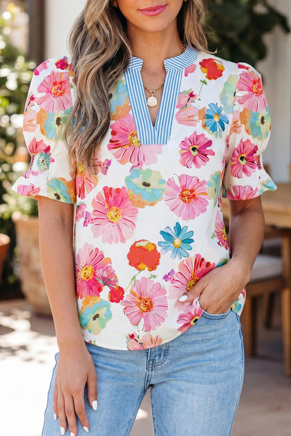 Beige Floral Print Short Puff Sleeve Striped Trim V Neck Blouse