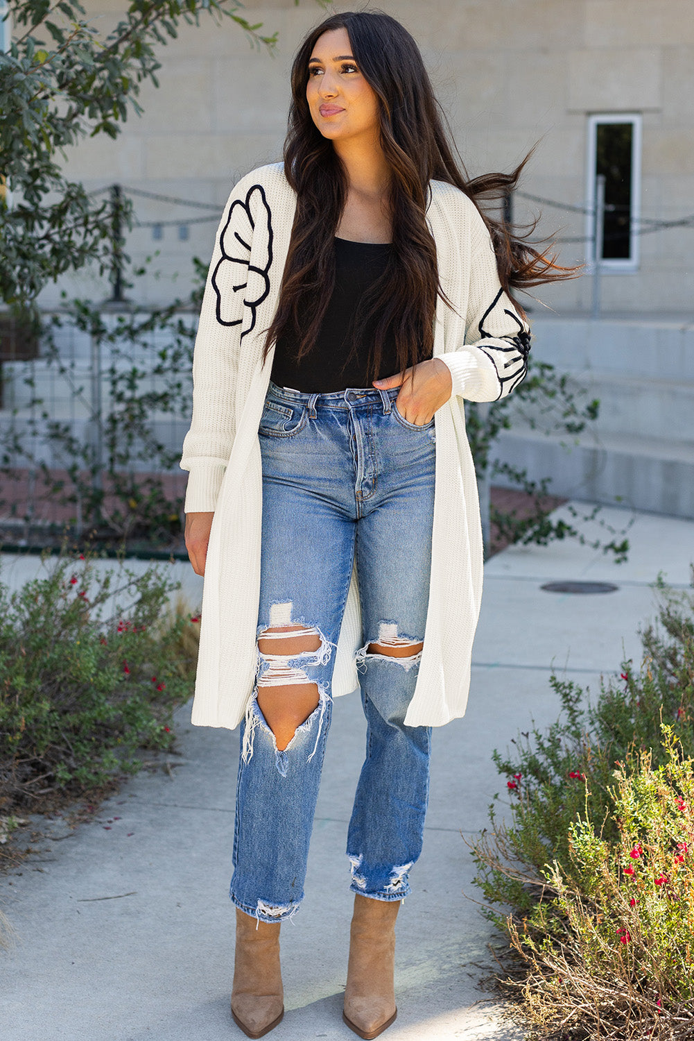 Beige Flower Embroidered Drop Shoulder Open Front Duster Cardigan femme