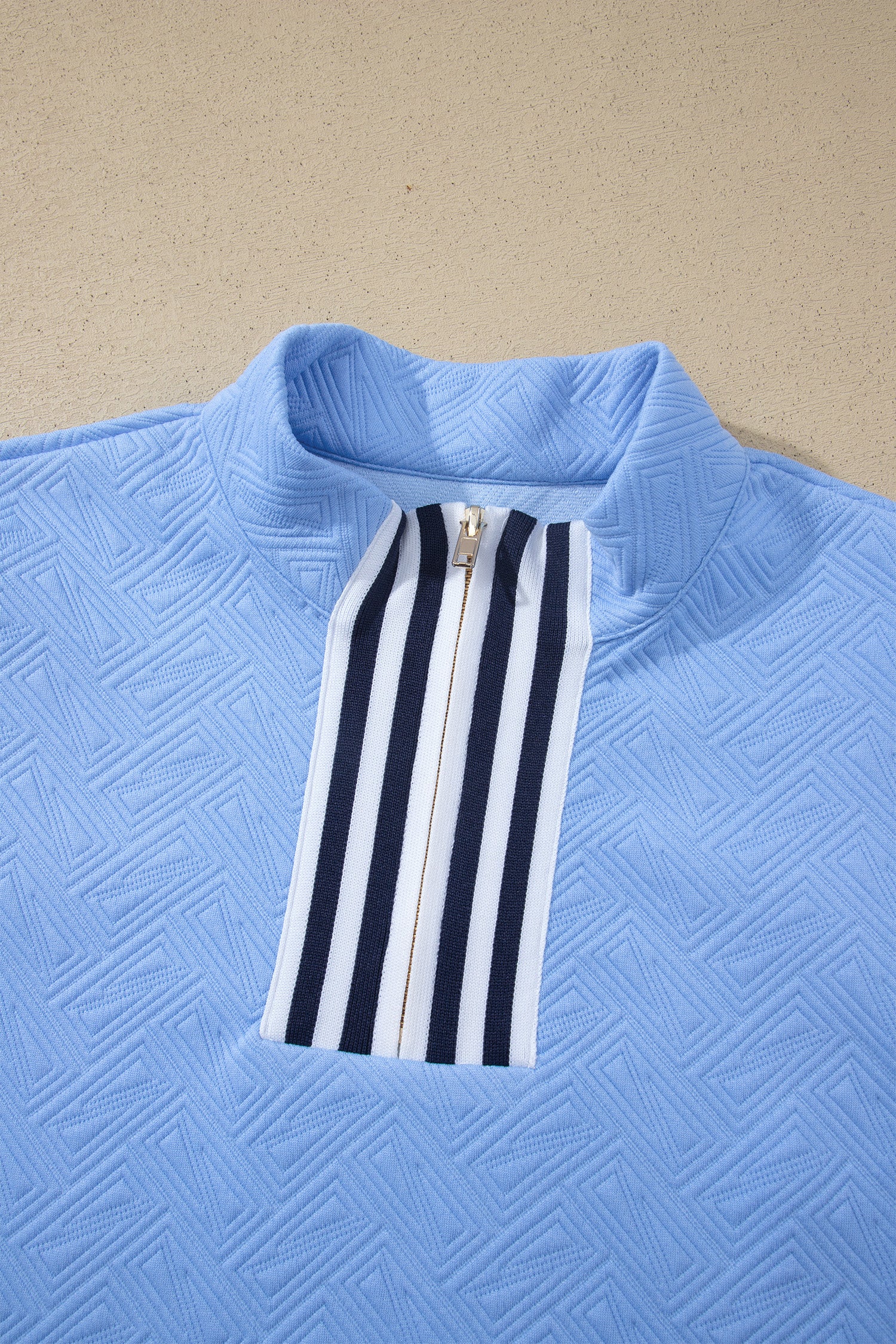 Myosotis Stylish Textured Stripe Trim Split Neck Puff Sleeve Top