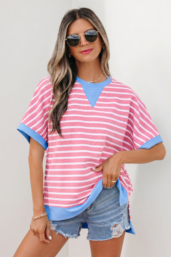 Pink Stripe Contrast Trim Loose Short Sleeve Top
