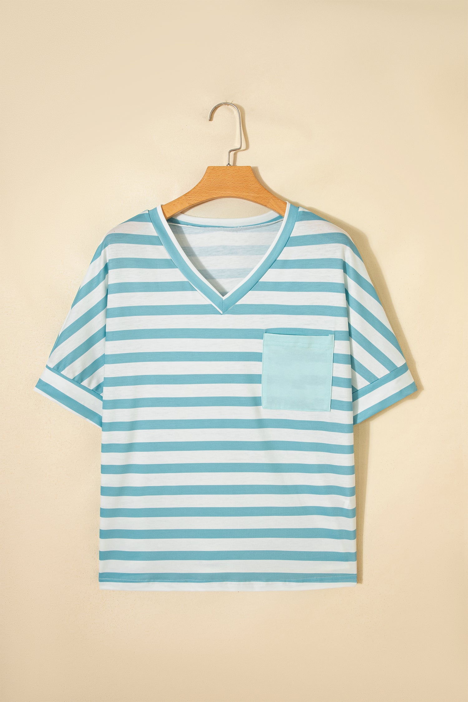 Pink Stripe V Neck Patched Pocket Casual T Shirt