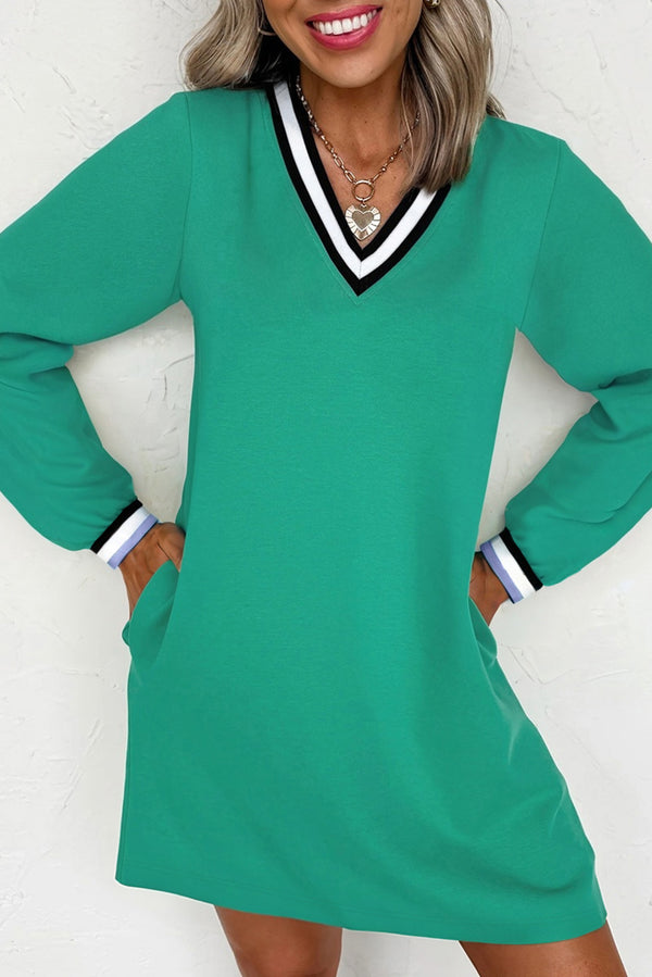 Robe femme rayé, poches, manches longues, col V — vert