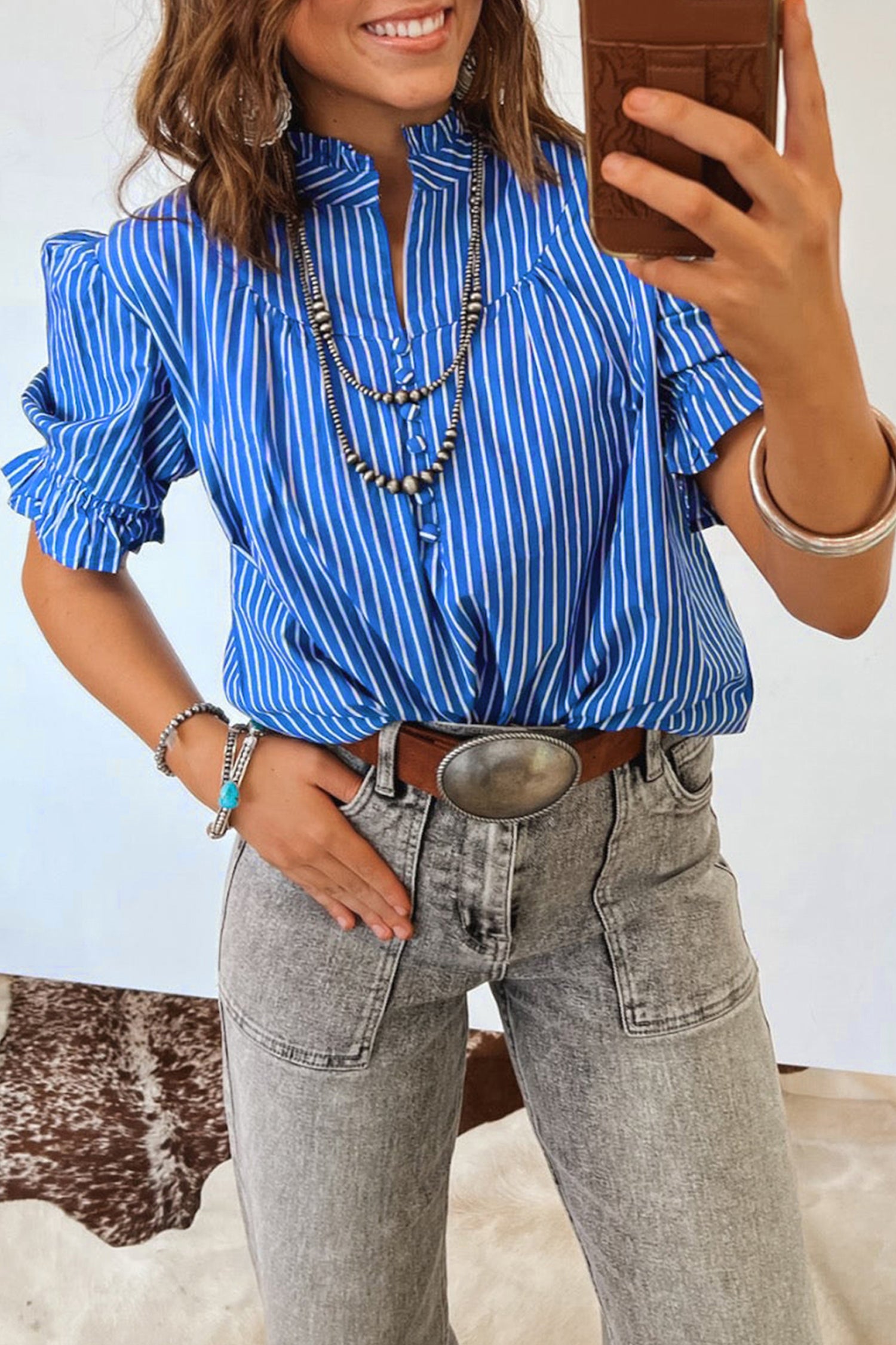 Blue Stripe Ruffled Short Puff Sleeve Button Front Blouse