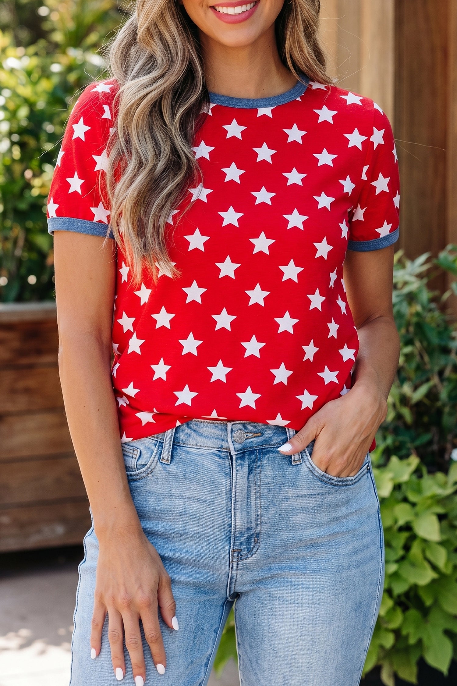 Red Stars Print Colorblock — Tops/Tops & Tees, photo principale LeGeekShop