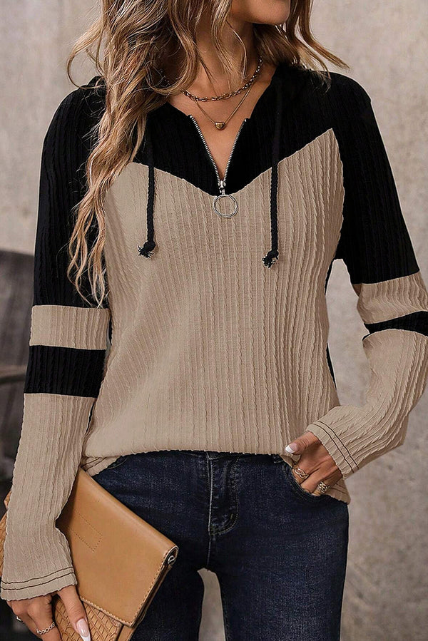 Haut femme à cordon, zip, à capuche, manches longues, colorblock