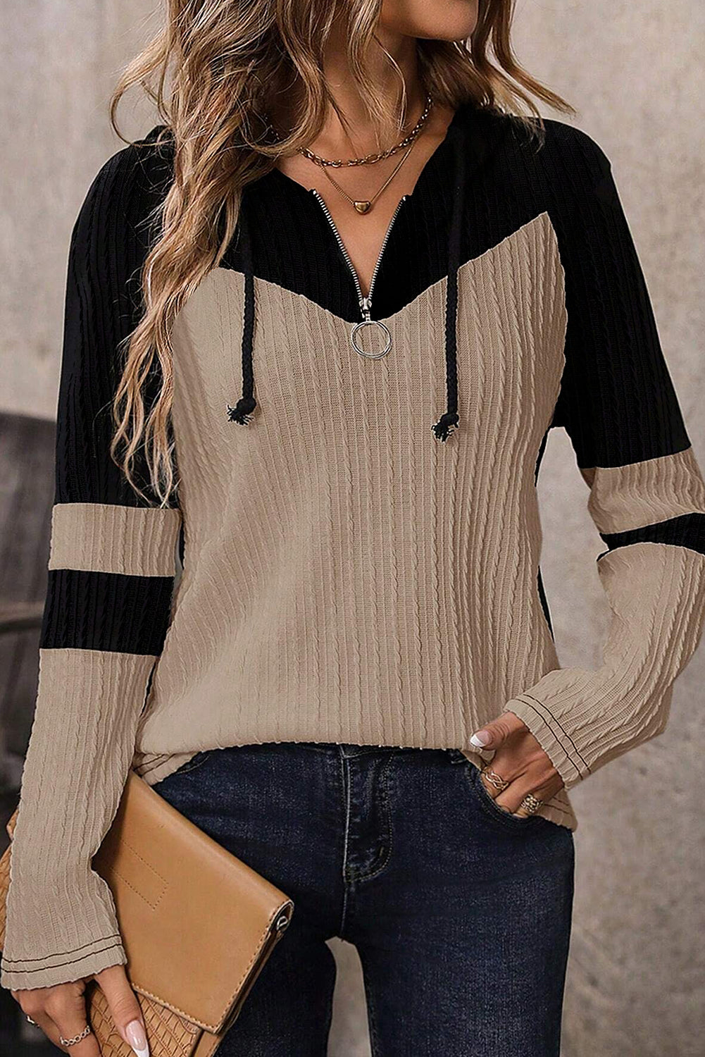 Haut femme à cordon, zip, à capuche, manches longues, colorblock