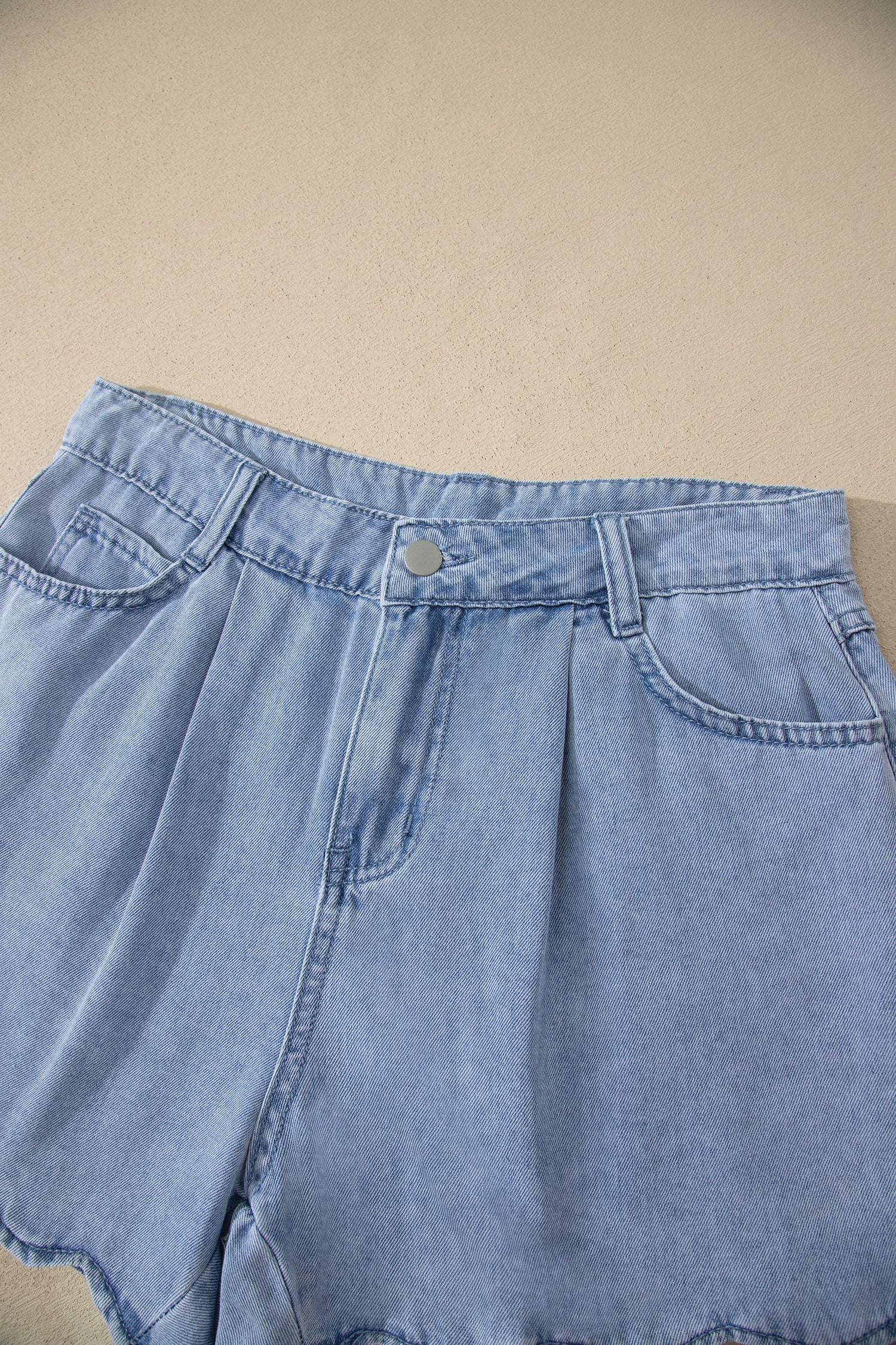 Myosotis Solid Color Scalloped Trim Casual Denim Shorts