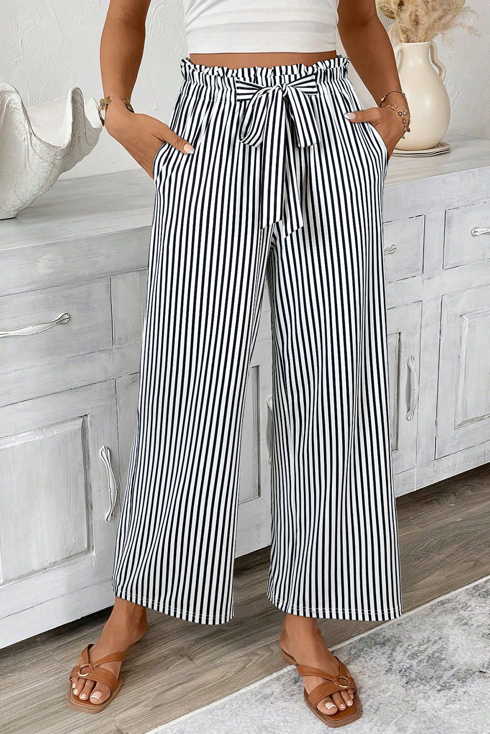 Pantalon femme rayé, taille haute, ample, casual — noir