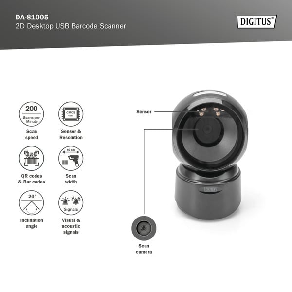 Digitus 1D 2D Desktop USB Barcode Scanner, Barcode-Scanner - Digitus - vue 6