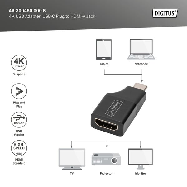 Digitus 4K USB Adapter, USB-C Stecker > HDMI A Buchse - Digitus - vue 7