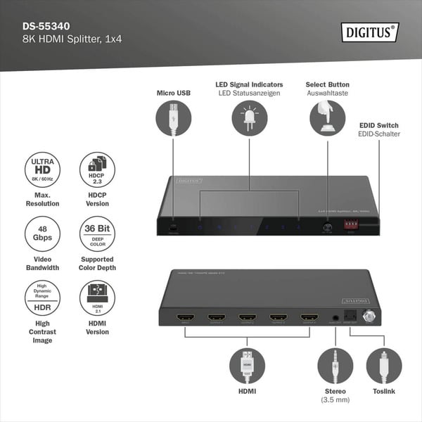 Digitus 8K HDMI Splitter, 1x4 - Digitus - vue 5