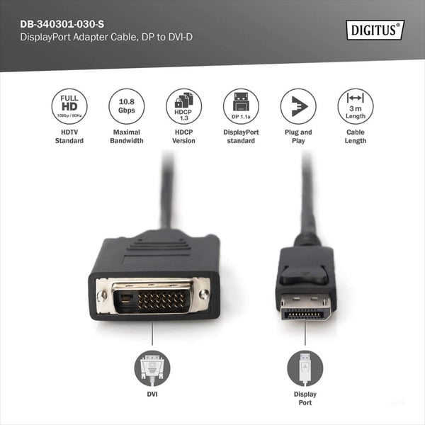 (€ 2,71 / 1 m) Digitus Adapterkabel DisplayPort > DVI-D - Digitus - vue 4