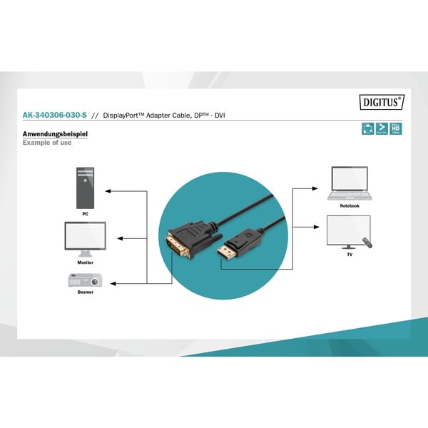 (€ 2,69 / 1 m) Digitus Adapterkabel DisplayPort > DVI-D, Interlock - Digitus - vue 5