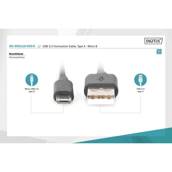 Digitus USB 2.0 Anschlusskabel USB-A (Stecker) > Micro-USB (Stecker) - Digitus - vue 3