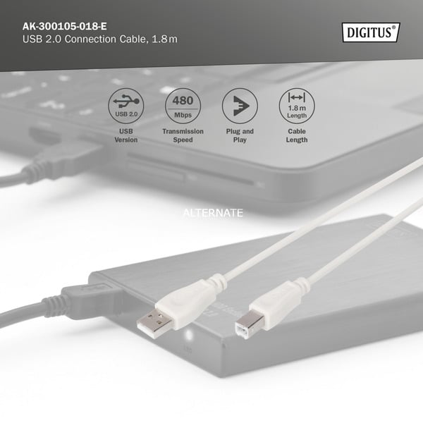 (€ 0,93 / 1 m) Digitus USB 2.0 Anschlusskabel USB-A (Stecker) > USB-B (Stecker) - Digitus - vue 3