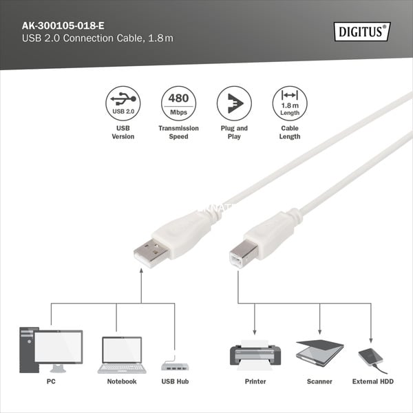 (€ 0,93 / 1 m) Digitus USB 2.0 Anschlusskabel USB-A (Stecker) > USB-B (Stecker) - Digitus - vue 4
